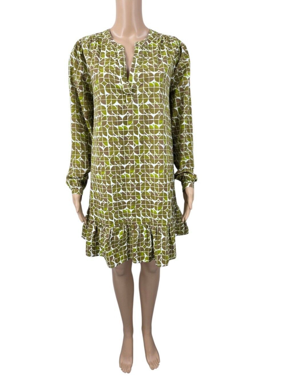 Jessica Simpson Cotton Olive Geometric Long Sleeve Ruffle Drop Waist Hem Dress